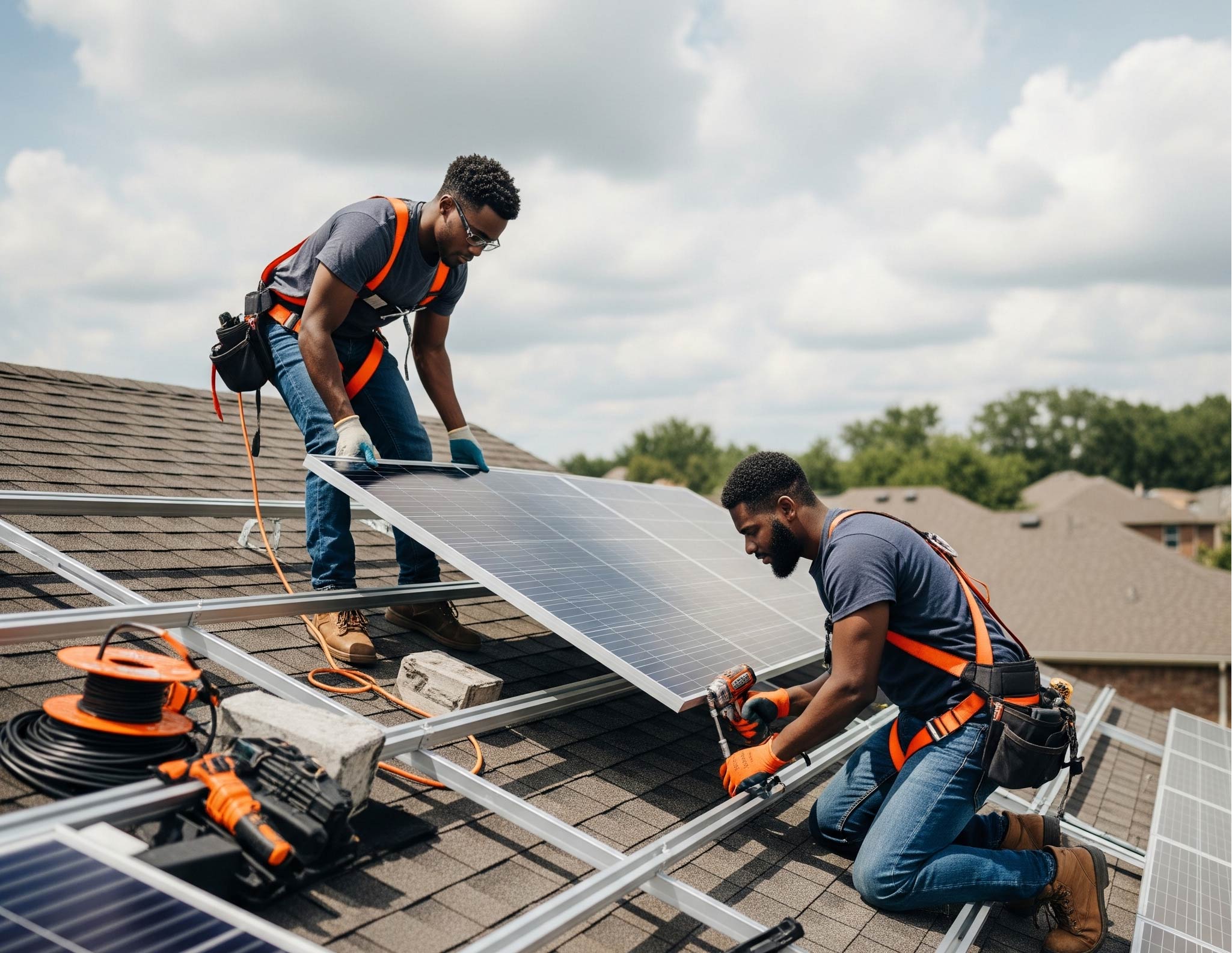 Solar panels being installed on a roof.